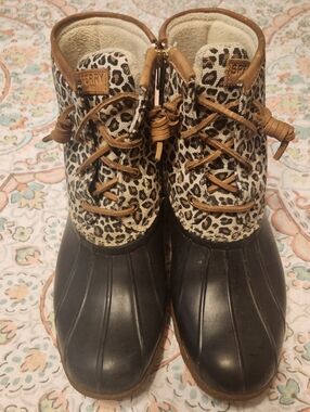 Sperry Leopard-Print Rain Boots with Black Rubber Toe
